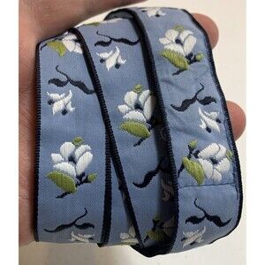Vintage Ribbon Belt Women’s 14 Blue D Ring Coquette Embroidered Floral 42”